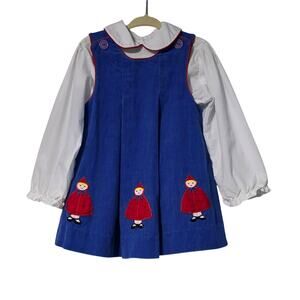 Vintage Samara Corduroy Girls Red Riding Hood Appliqué Dress Blouse Size 4T